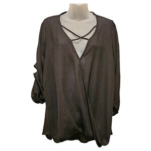 LIBIAN; Women's Black High Low V-Neck Surplice Bodice Blouse, Sz 1X